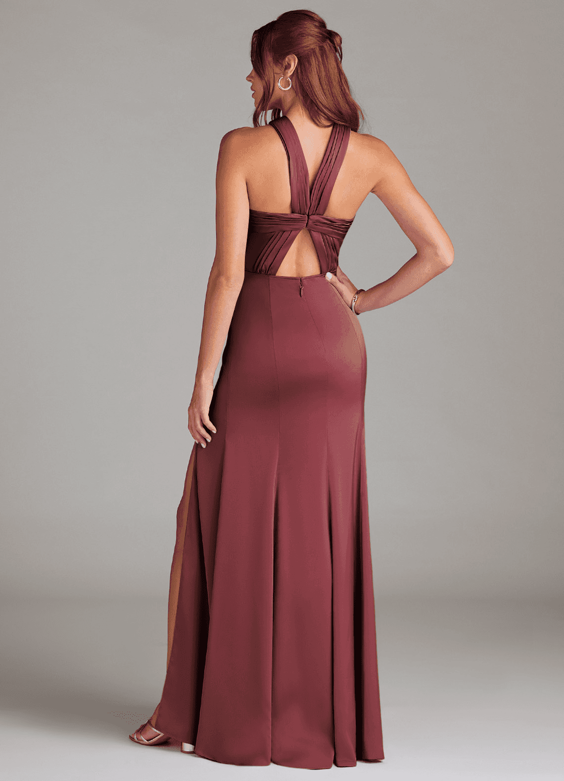 Azazie Rue Bridesmaid Dresses Merlot A-Line Pleated Stretch Satin Dress image6