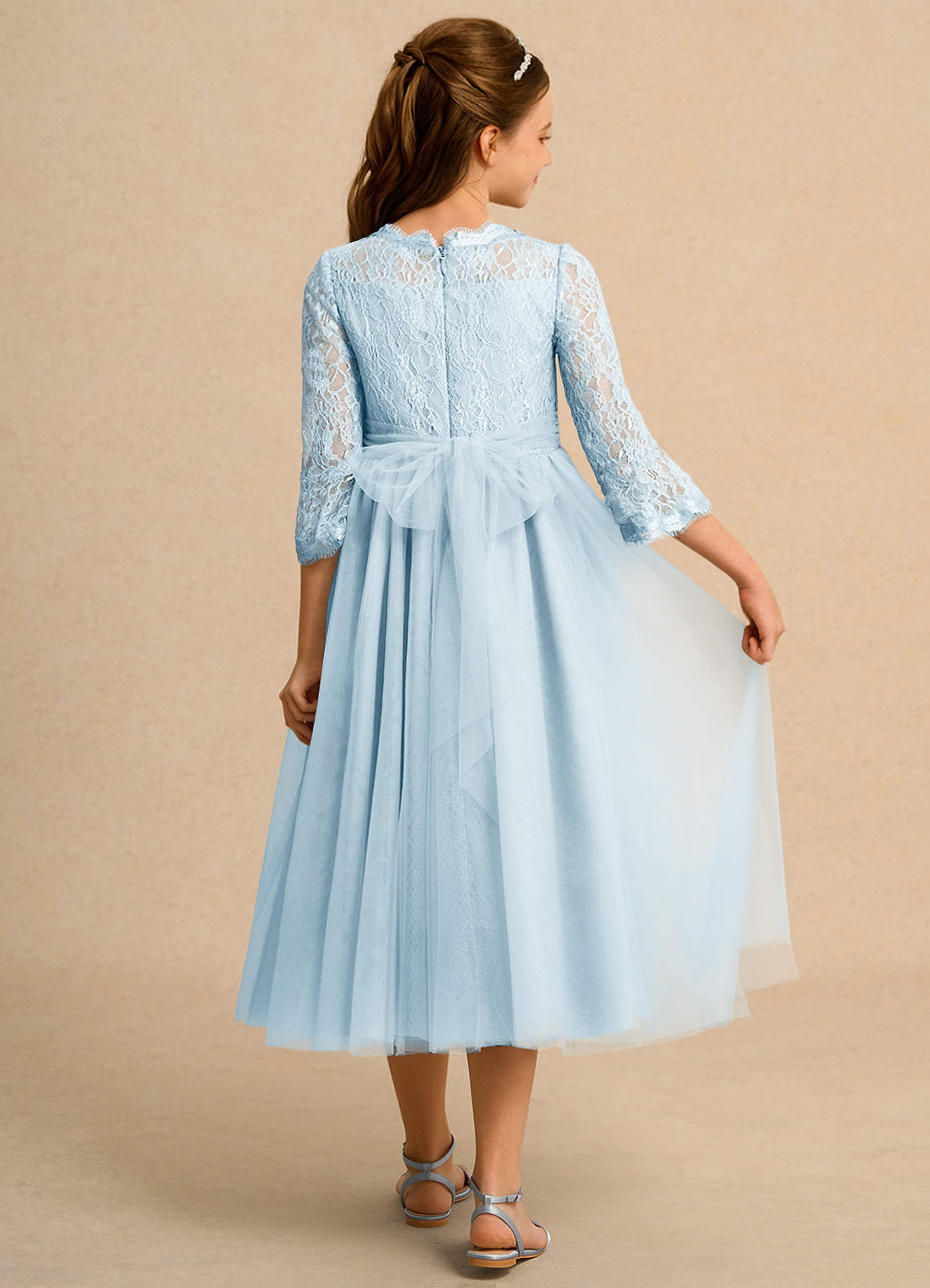 light blue lace dress knee length Azazie Lamb Girls Formal Sky Ball-Gown Ready to Ship formal light blue dress