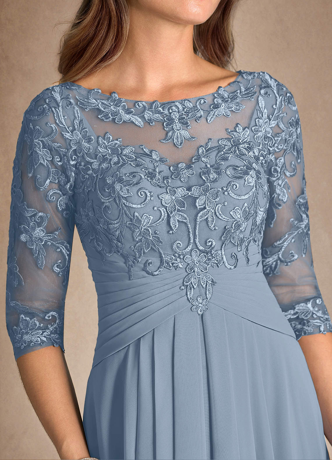 Azazie Marietta At-home Try On Dresses Dusty Blue A-Line Lace Dress image8