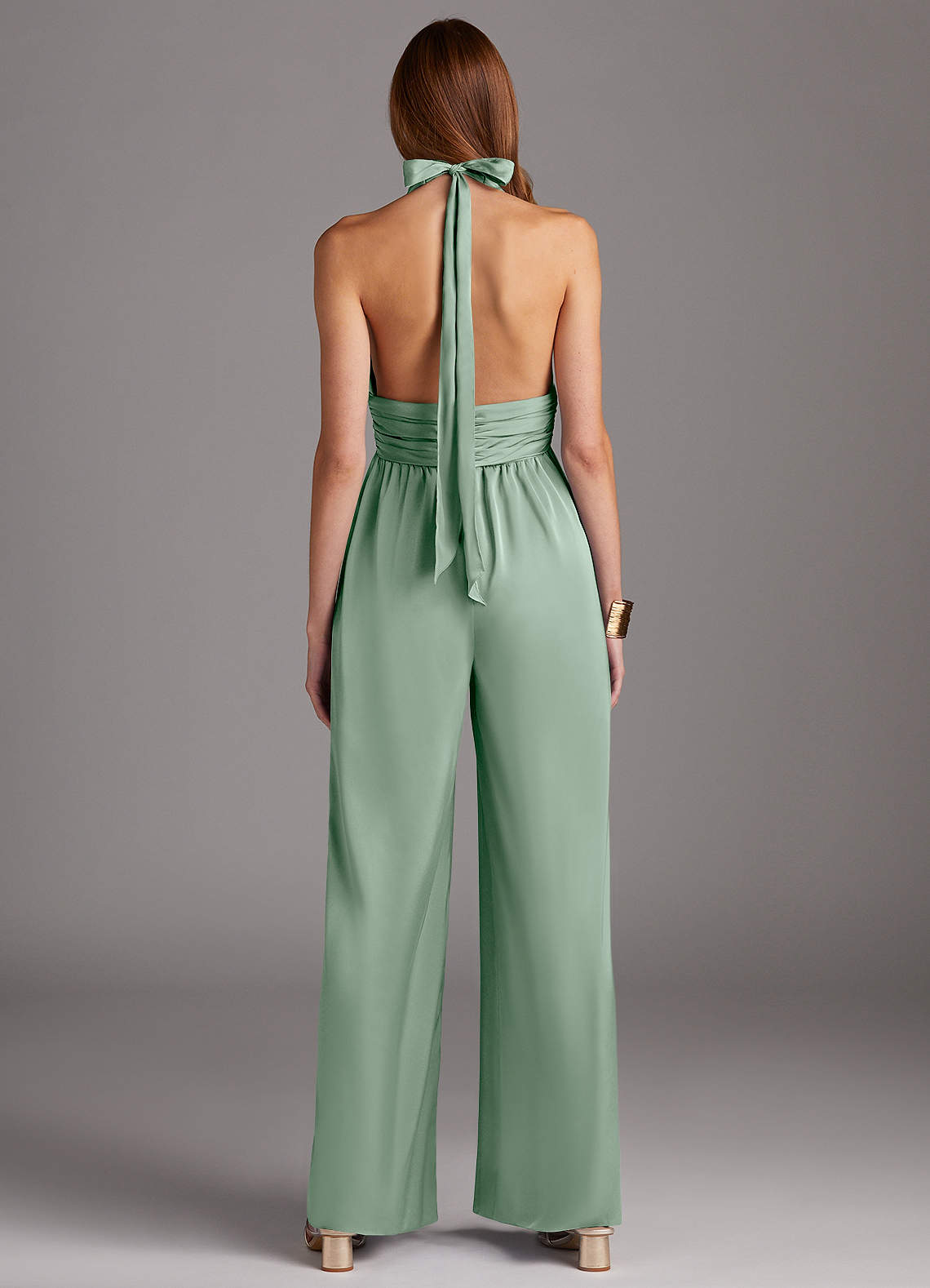 Azazie Oli Stretch Satin Jumpsuit Agave Bridesmaid Dresses | Azazie
