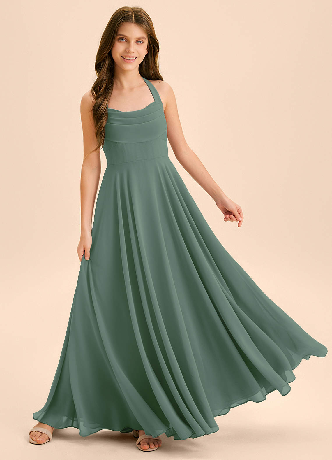 Azazie Kady Junior Abito A-Line in Chiffon Scollo a Cuore Eucalipto image3