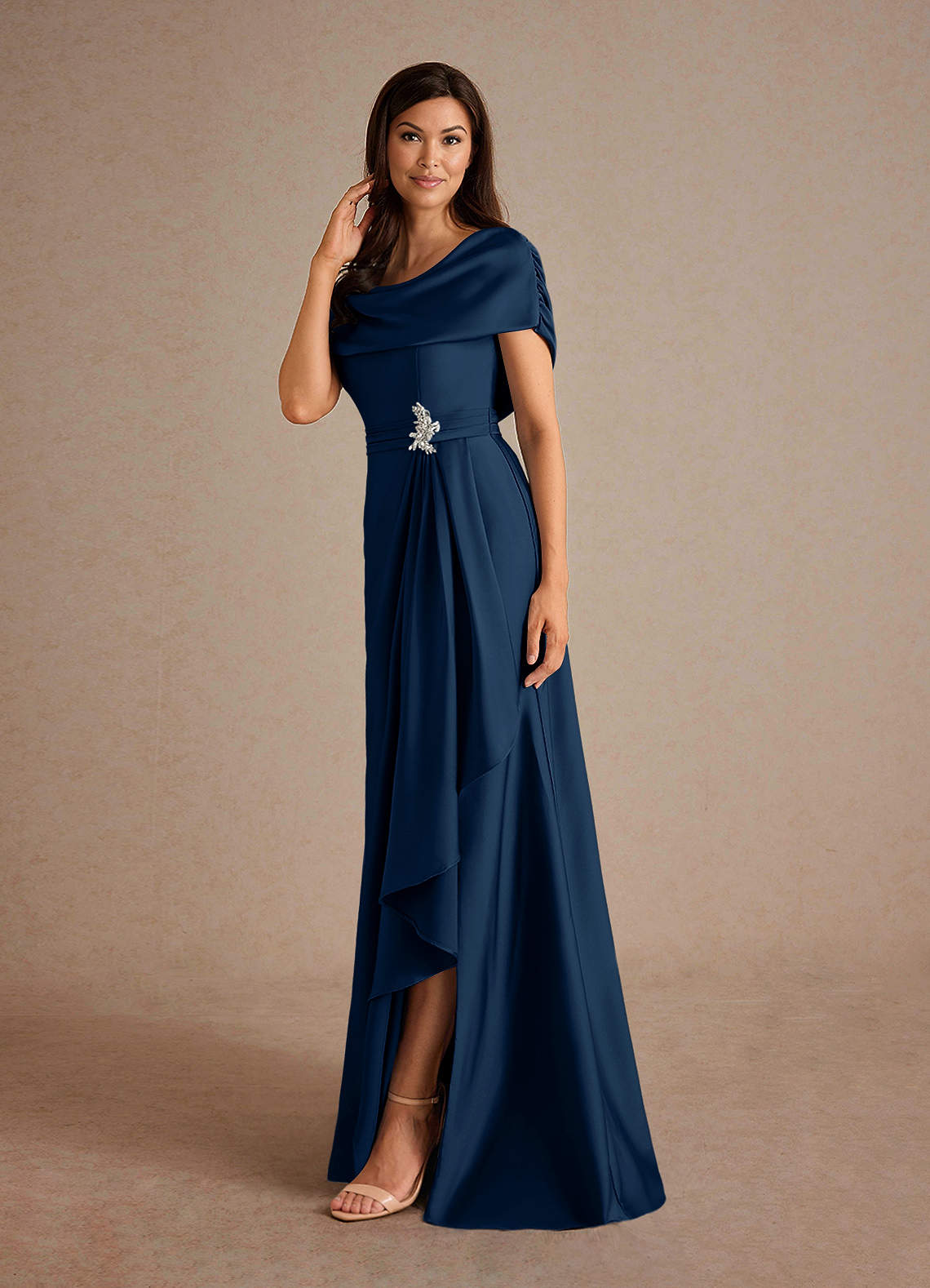 Azazie Branford Mother of the Bride Dresses Dark Navy A-Line Pleated Stretch Satin Dress image1