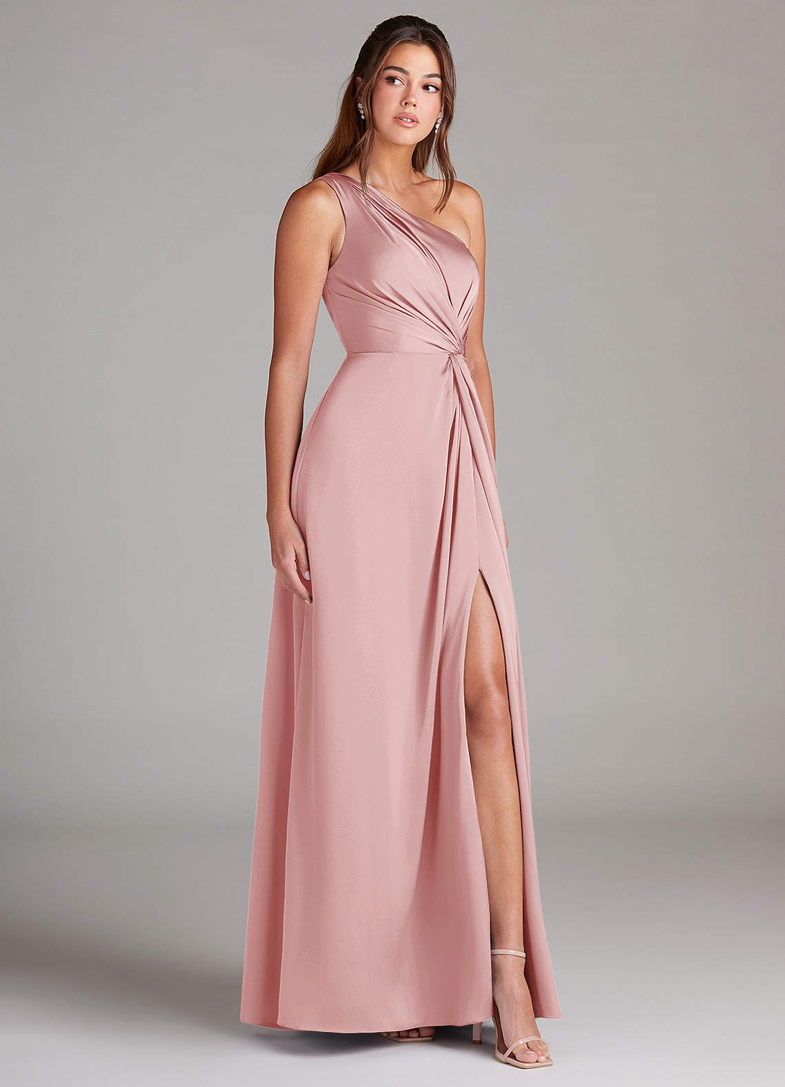 Azazie Brooke Bridesmaid Dresses Powder Pink A-Line One Shoulder Stretch Satin Dress image4
