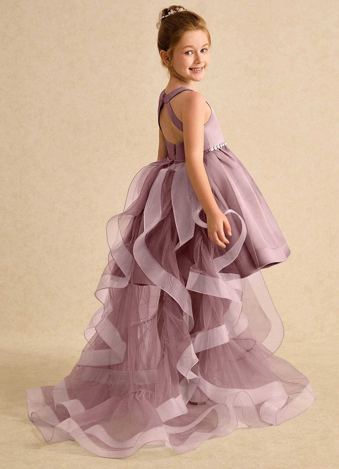 Azazie Julietta Robe Demoiselle D'honneur Fillette Robe Princesse en Tulle Convertible Rose Poussiéreuse image5
