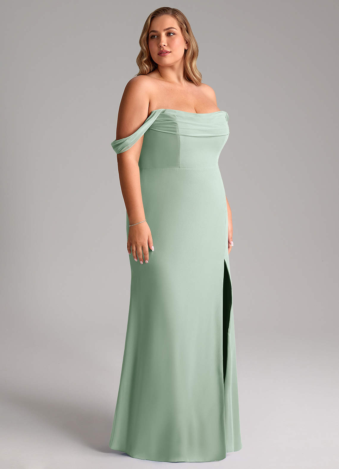 Azazie Saige Bridesmaid Dresses Agave A-Line Off the Shoulder Chiffon Convertible Dress image11