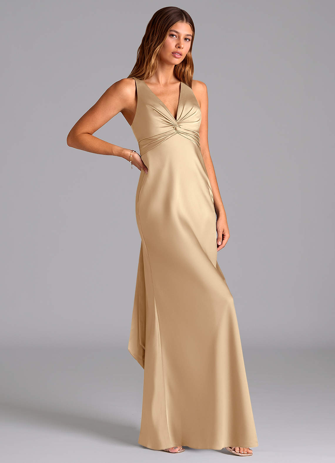 Azazie Hati Champagne Stretch Satin Bridesmaid Dresses | Azazie