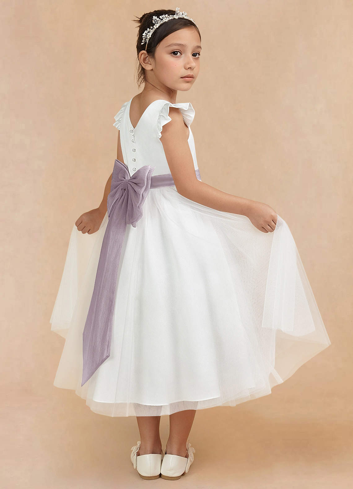 Azazie Hemi Blumenmädchenkleider A-Linie Schleifen Tüll Kleid Elfenbein Dämmerung image1