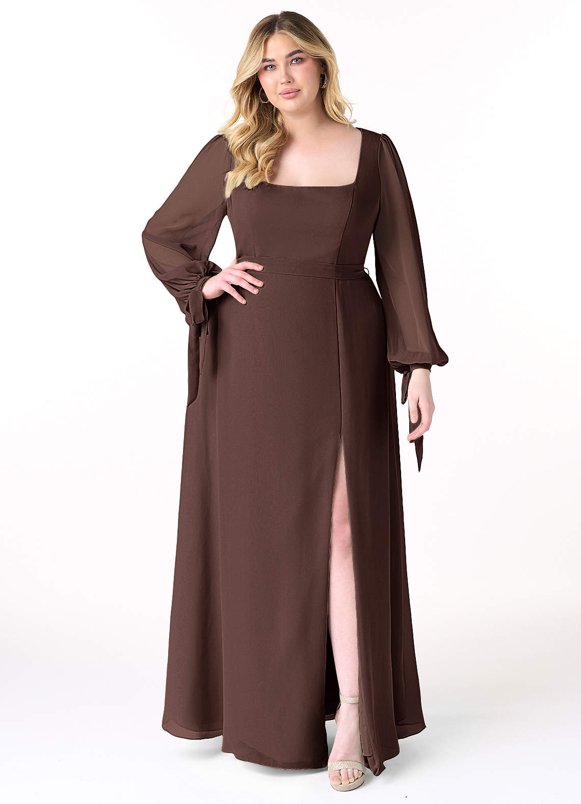 Azazie Leonia Brautjungfernkleider A-Linie Langarm Chiffon Kleid Ganache image1