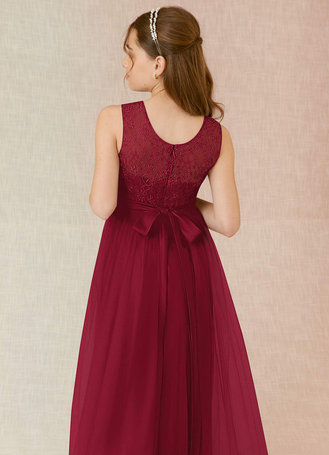 Azazie Georgette Junior Burgundy A-Line Lace Tulle Dress image6