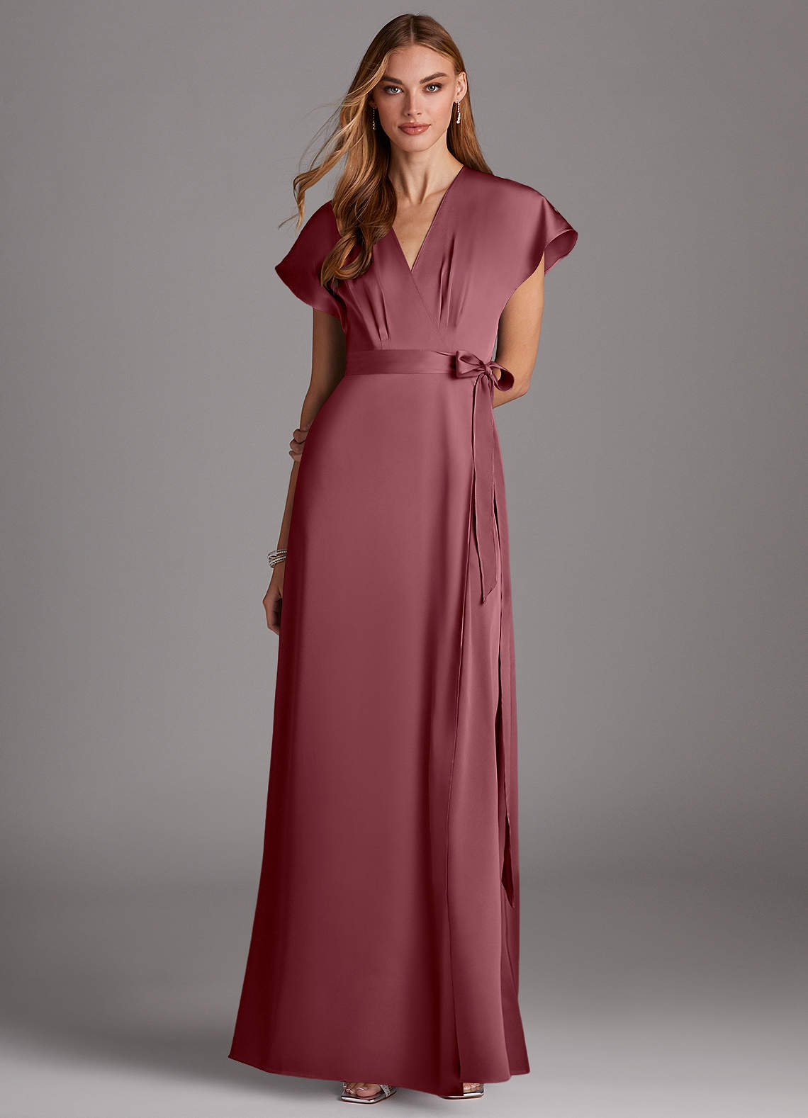Azazie Nico Bridesmaid Dresses Desert Rose A-Line V-Neck Stretch Satin Dress image1