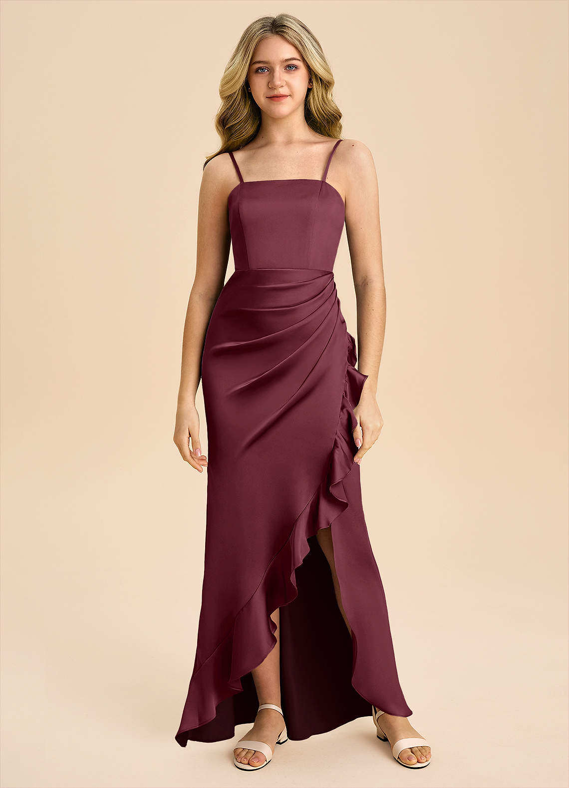 Azazie Buzzy Junior Cabernet Sheath Pleated Stretch Satin Dress image2