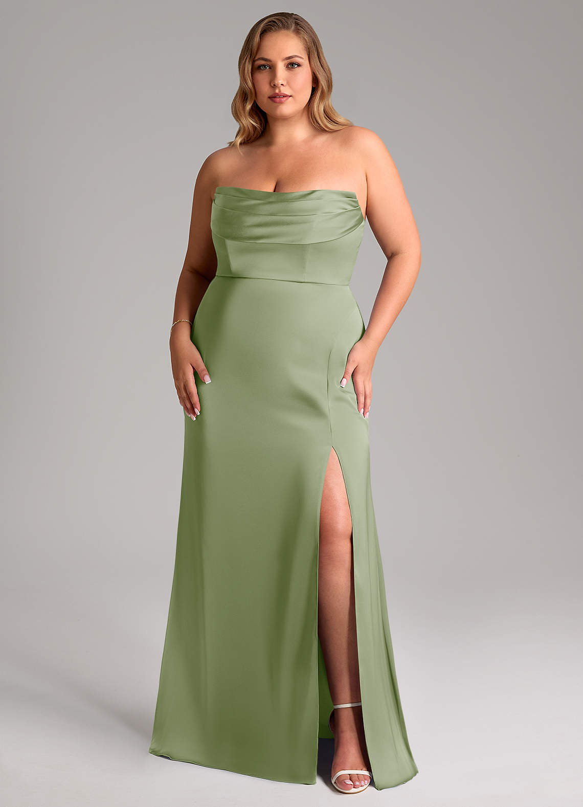 Azazie Saige Bridesmaid Dresses Dusty Sage Sheath Off the Shoulder Stretch Satin Dress image15