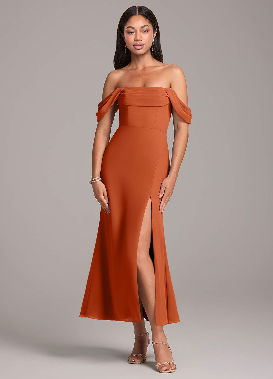 Azazie Saige Bridesmaid Dresses Burnt Orange Sheath Off the Shoulder Chiffon Convertible Dress image1