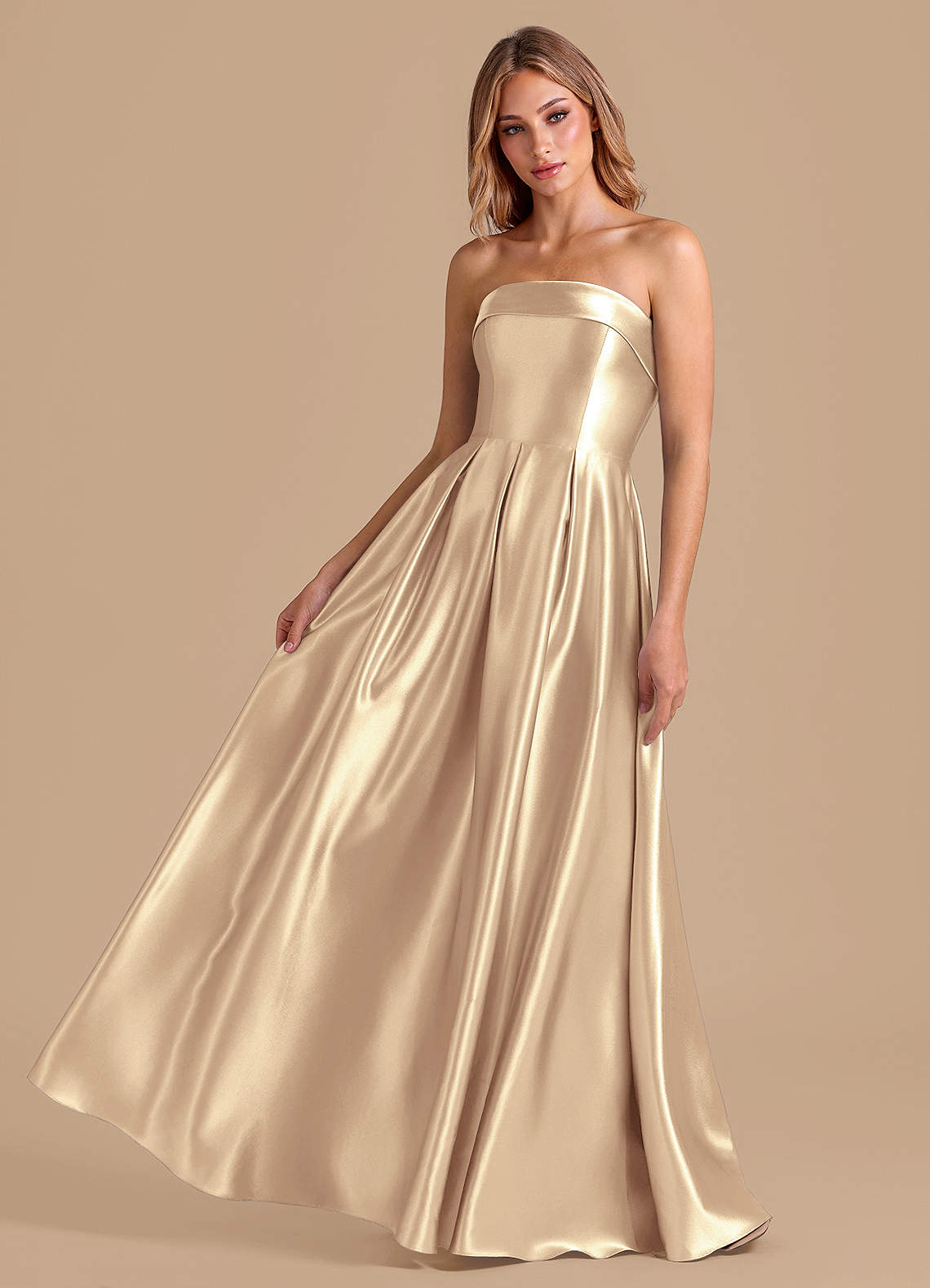 Azazie Lucienne Bridesmaid Dresses Gold A-Line Pleated Metallic Satin Dress image1