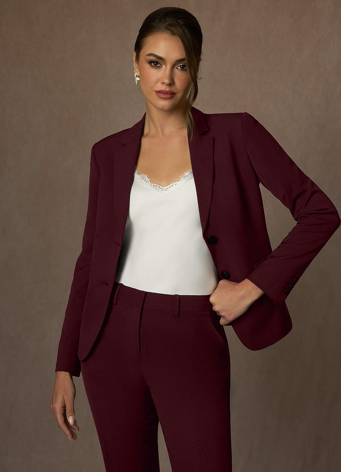 front Whitney Cabernet Structured Stretch Full Length Pants Suit