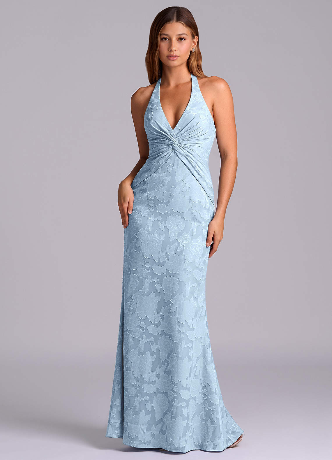 Azazie Valerie 신부 들러리 드레스 인어 주름진 플로럴 번아웃 바닥 길이 드레스 image1