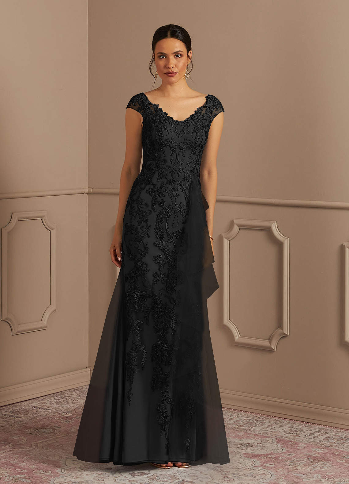 Azazie Melena Mother of the Bride Dresses Black Mermaid Lace Tulle Dress image1