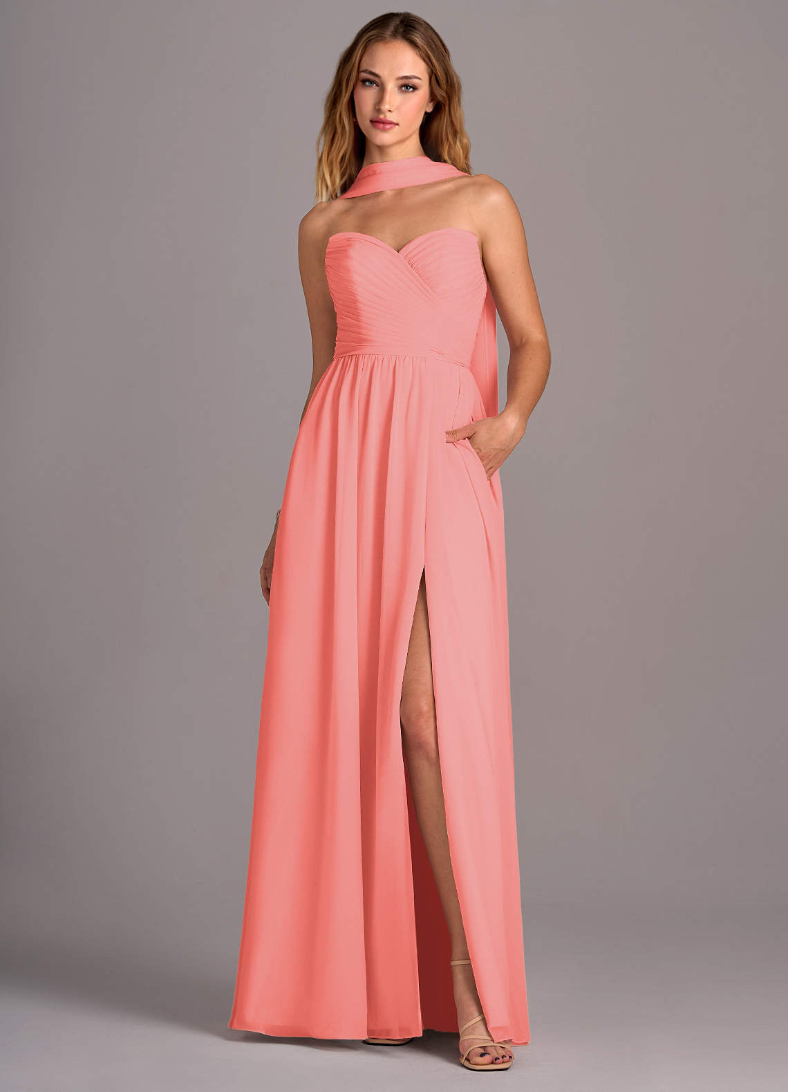 Azazie Joni Brautjungfernkleider Wandelbar A-Linie Schulterfrei Chiffon Kleid Koralle image1
