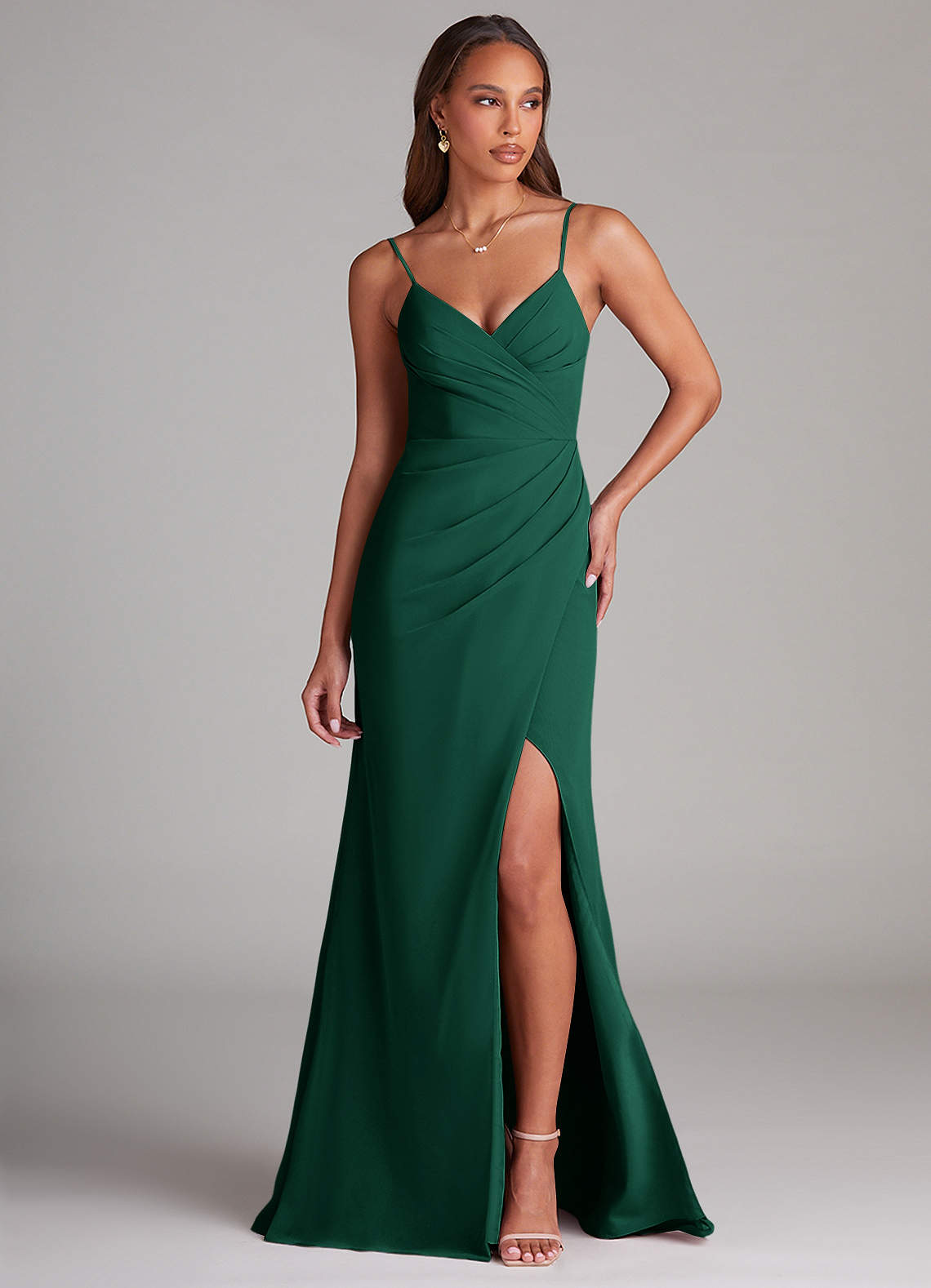 Azazie Maci Bridesmaid Dresses Emerald Sheath Pleated Chiffon Dress image1