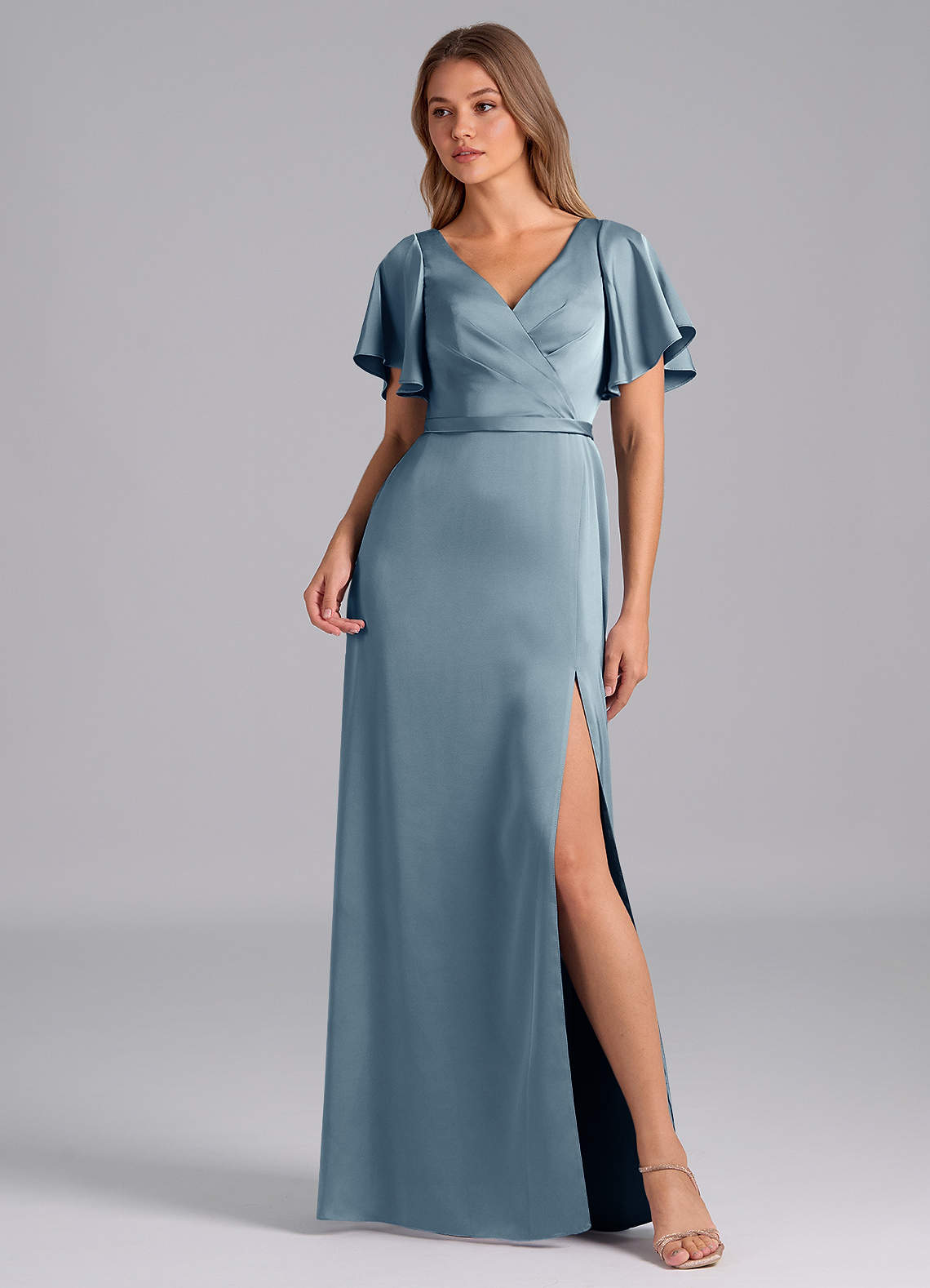 Azazie Ambrosia Dusty Blue Stretch Satin Bridesmaid Dresses | Azazie