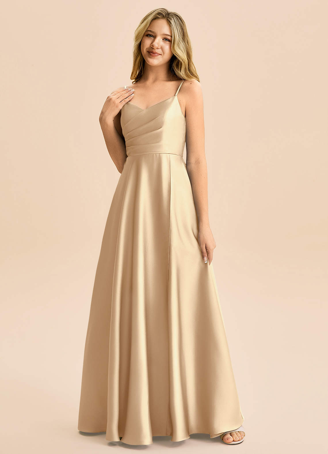 Azazie Rumi Junior Klä av A-Line i Stretch Satin Plisserad image2