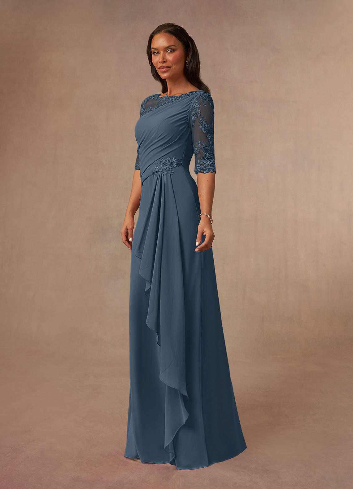 Azazie Dionysus Neptune A-Line Boatneck Lace Chiffon Dress Ready