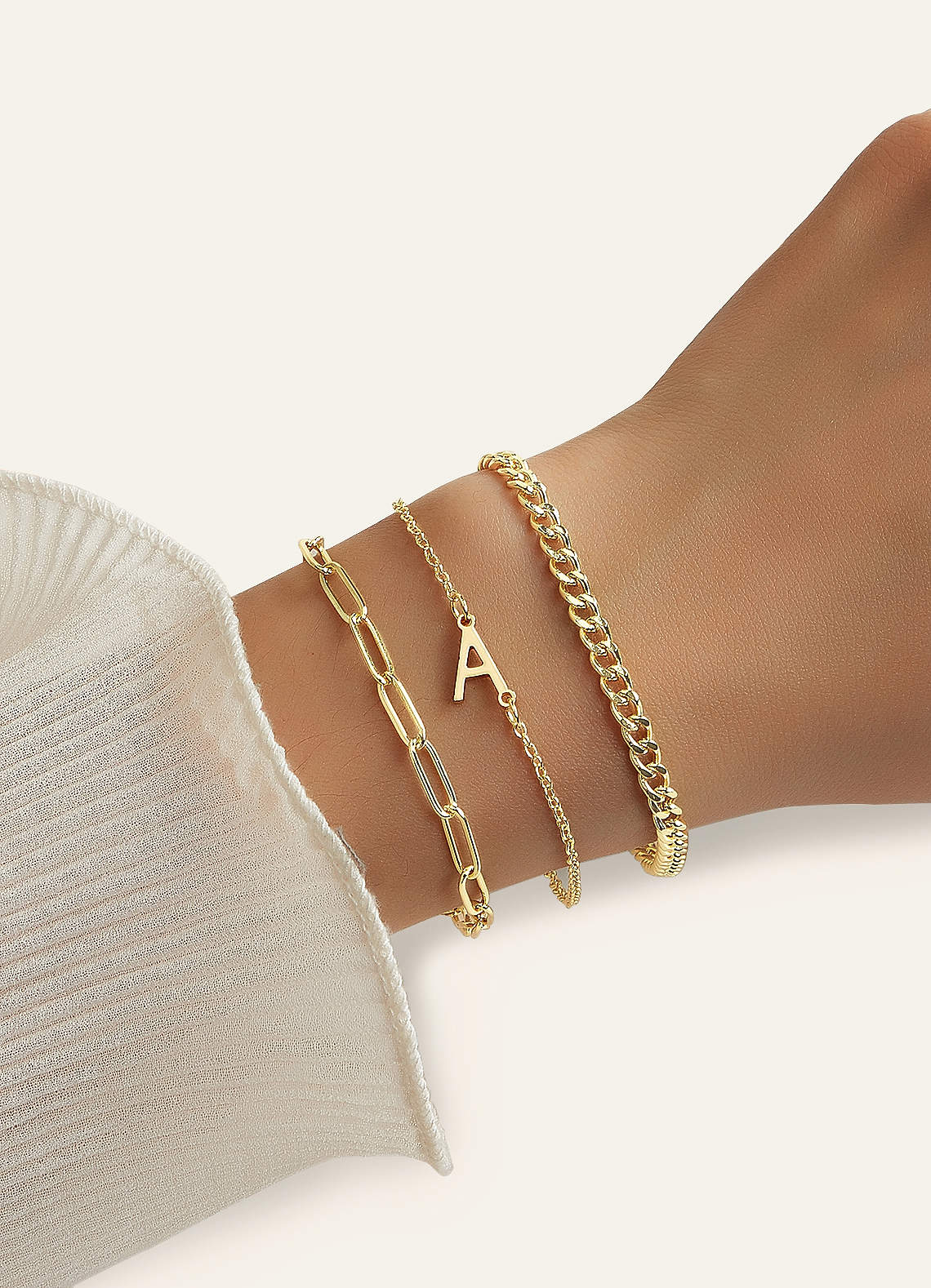 front 3-Piece Initial Letter Stackable Bracelet Set