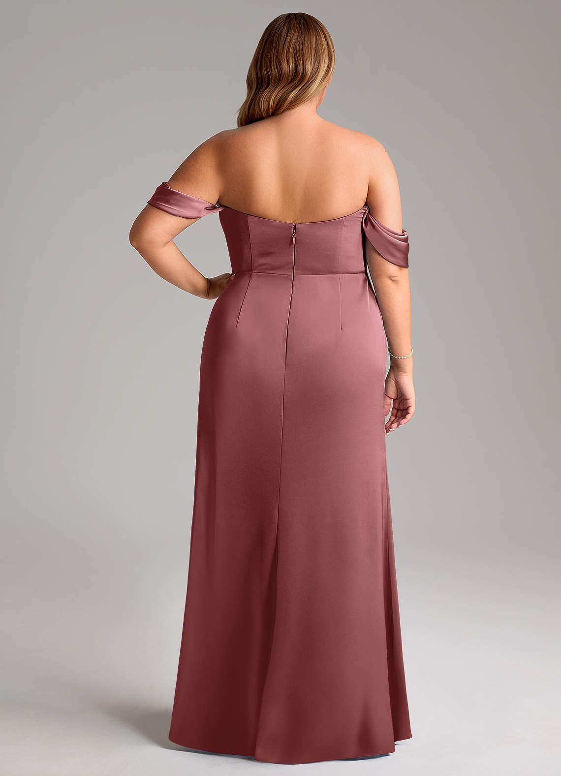 Azazie Saige Bridesmaid Dresses Amethyst Sheath Off the Shoulder Stretch Satin Dress image11