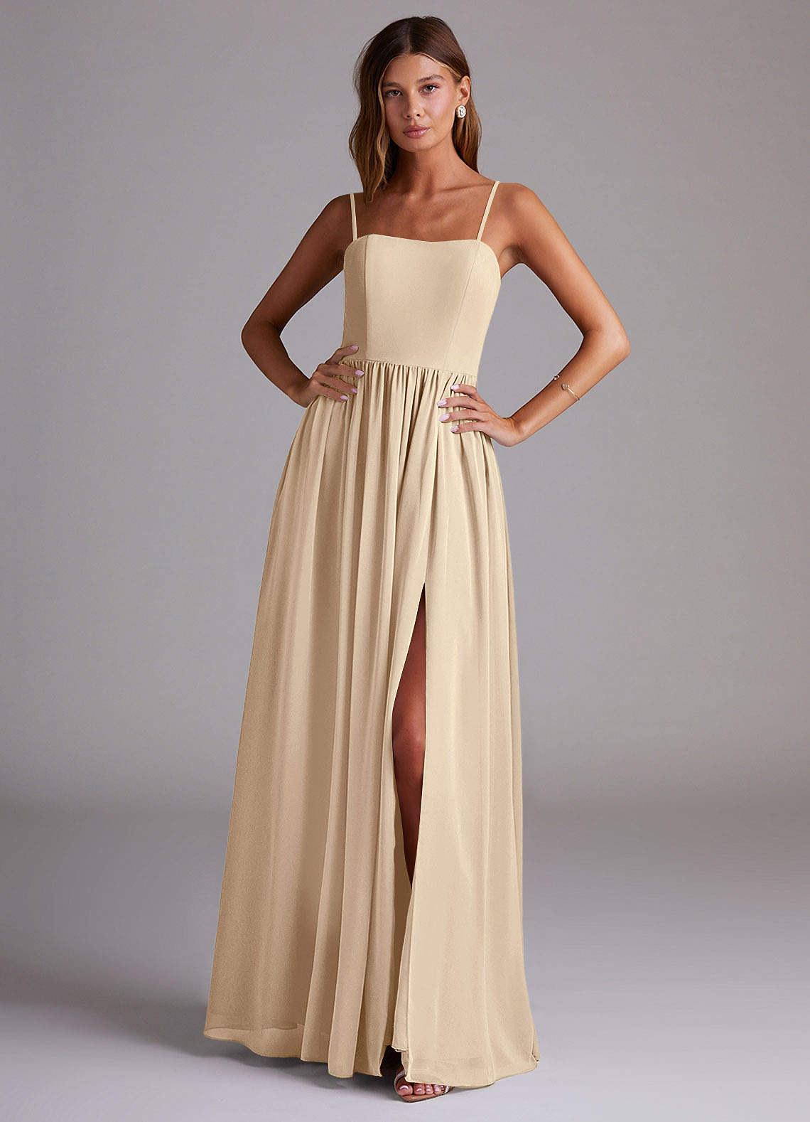 Azazie Calianna Bridesmaid Dresses Champagne A-Line Off the Shoulder Chiffon Convertible Dress image1