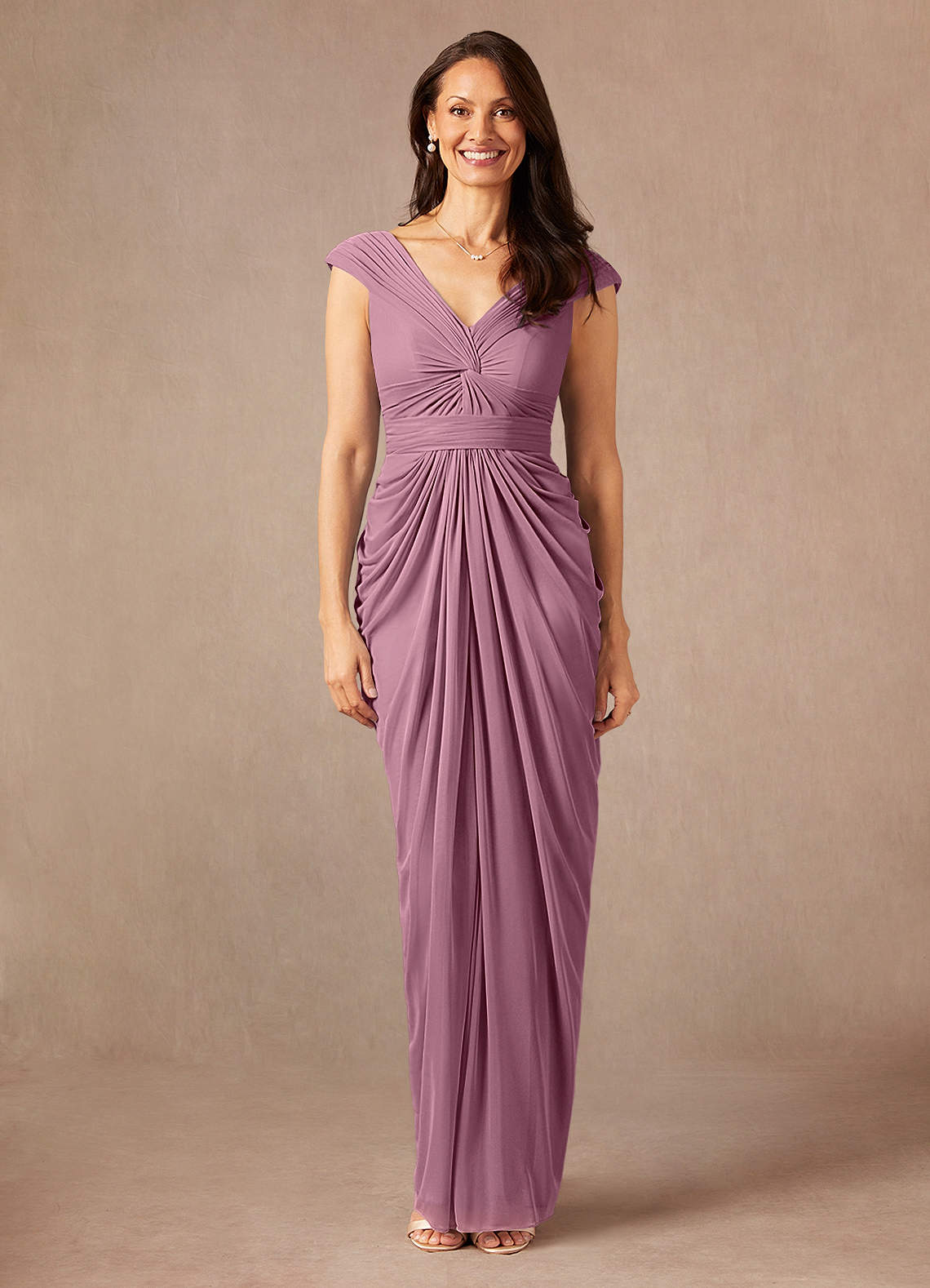 Azazie Lisolette Mother of the Bride Dresses Vintage Mauve Sheath Pleated Mesh Dress image1