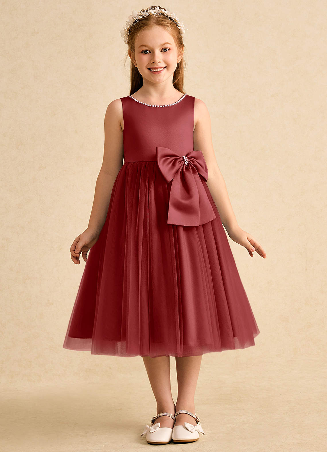 Azazie Twinsie Flower Girl Dresses Rust A-Line Bow Tulle Dress image1
