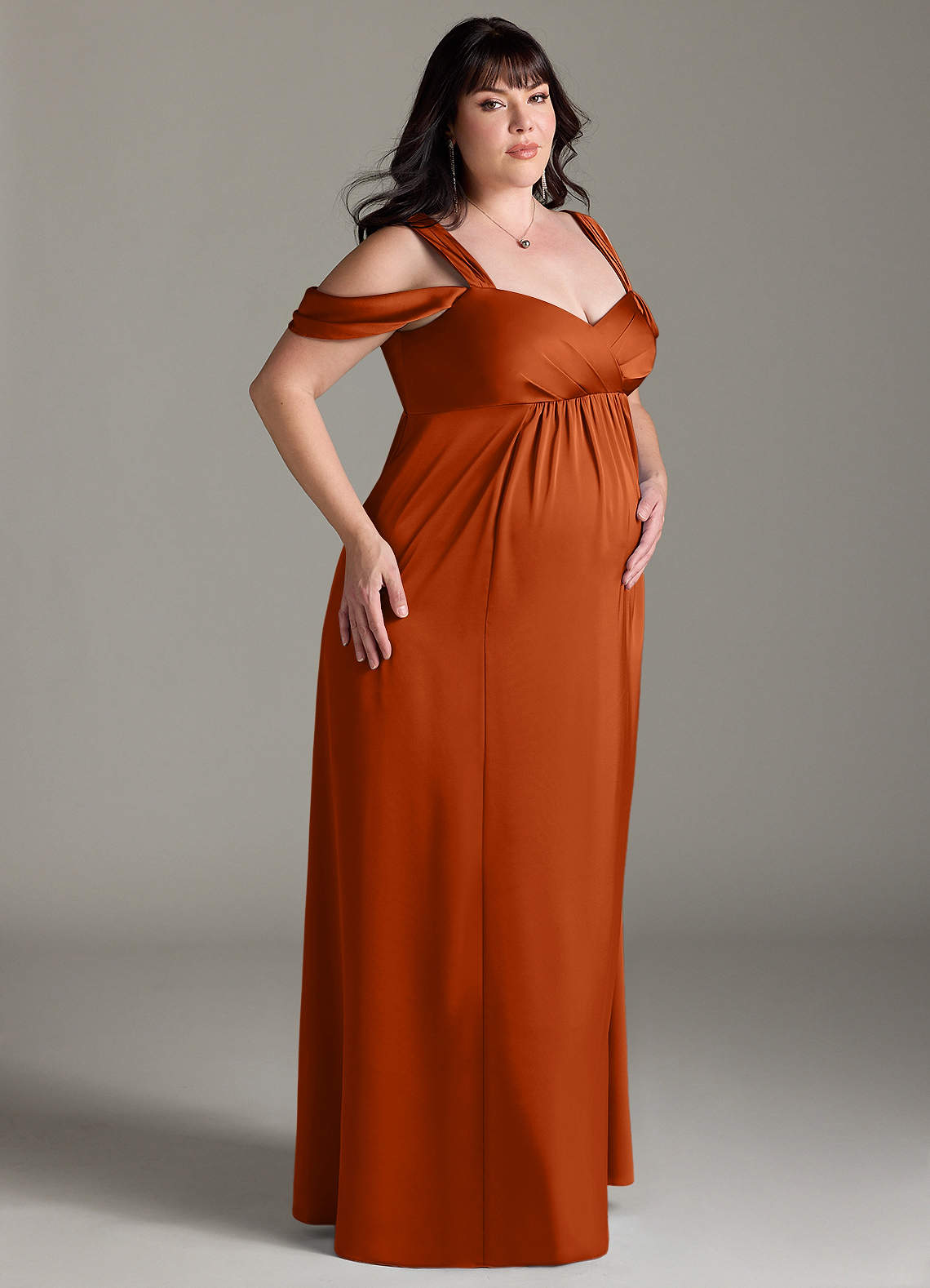 Azazie Rhea At-home Try On Dresses A-Line Off-The-Shouler Pleated Stretch Satin Floor-Length Dress image9