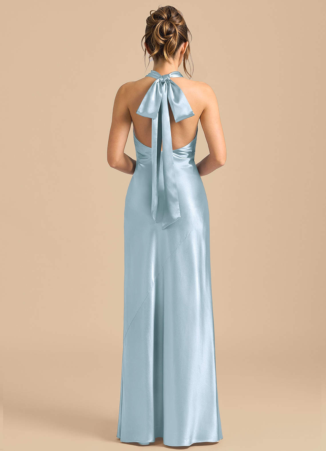 Azazie Velli Kjoler til hjemmeprøvning Skede Høj hals Metallisk satin Gulv-længde Kjole image4