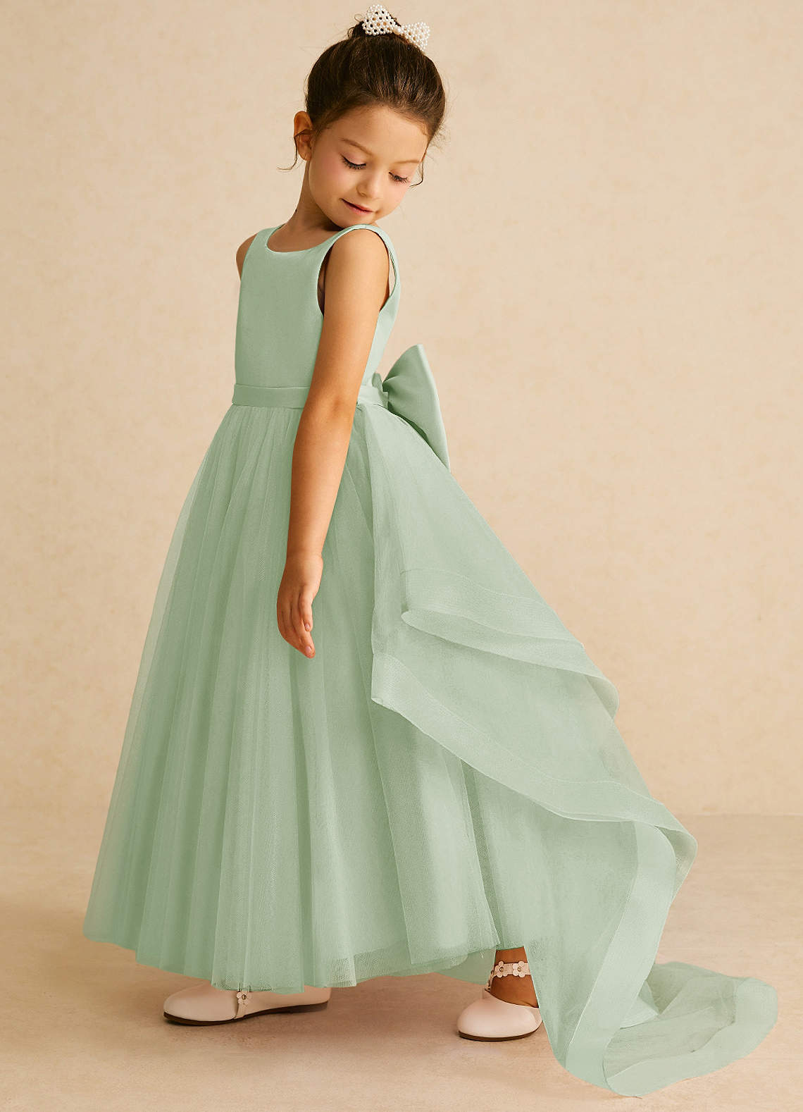 Azazie Pumpkin Flower Girl Dresses Dusty Sage A-Line Bow Tulle Dress image3