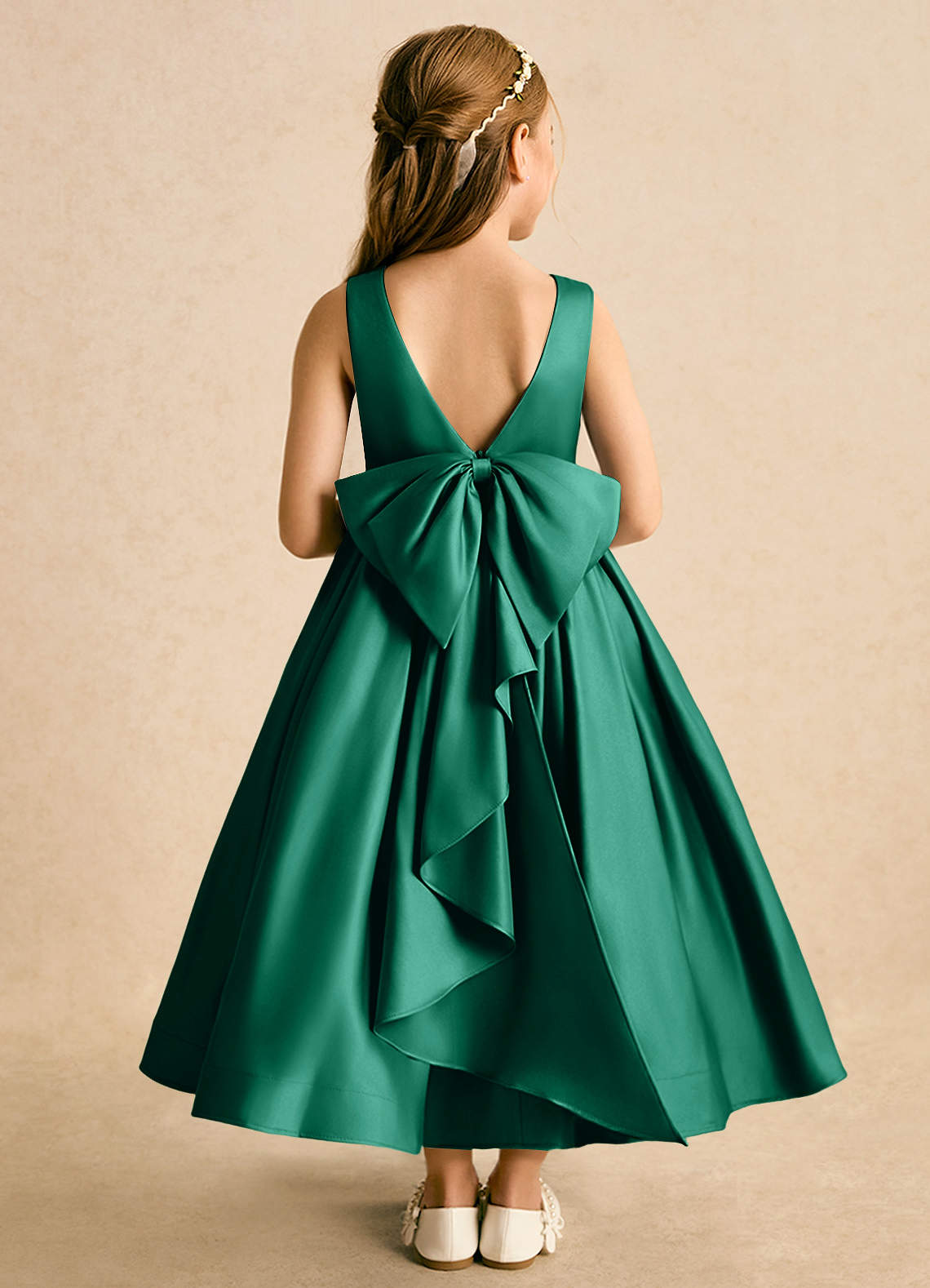Azazie Cailee Flower Girl Dresses Emerald Ball-Gown Pleated Matte Satin Dress image1