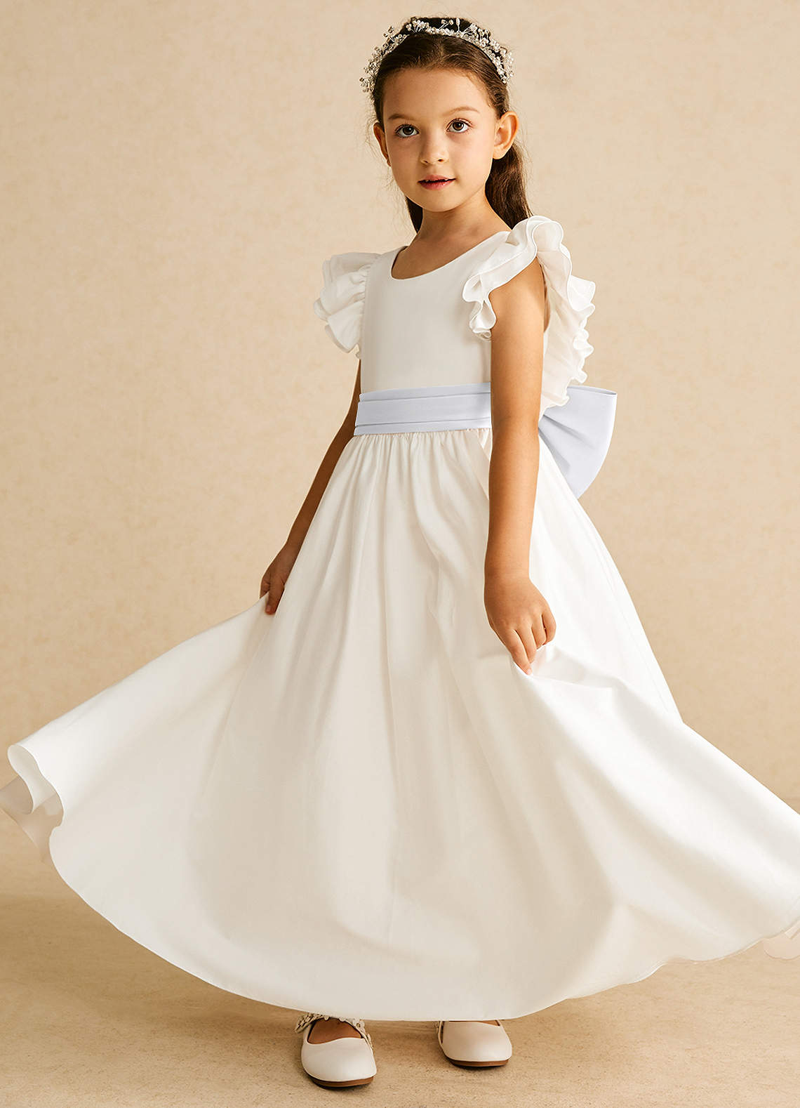 Azazie Aero Flower Girl Dresses Ivory White A-Line Pleated Cotton Dress image1