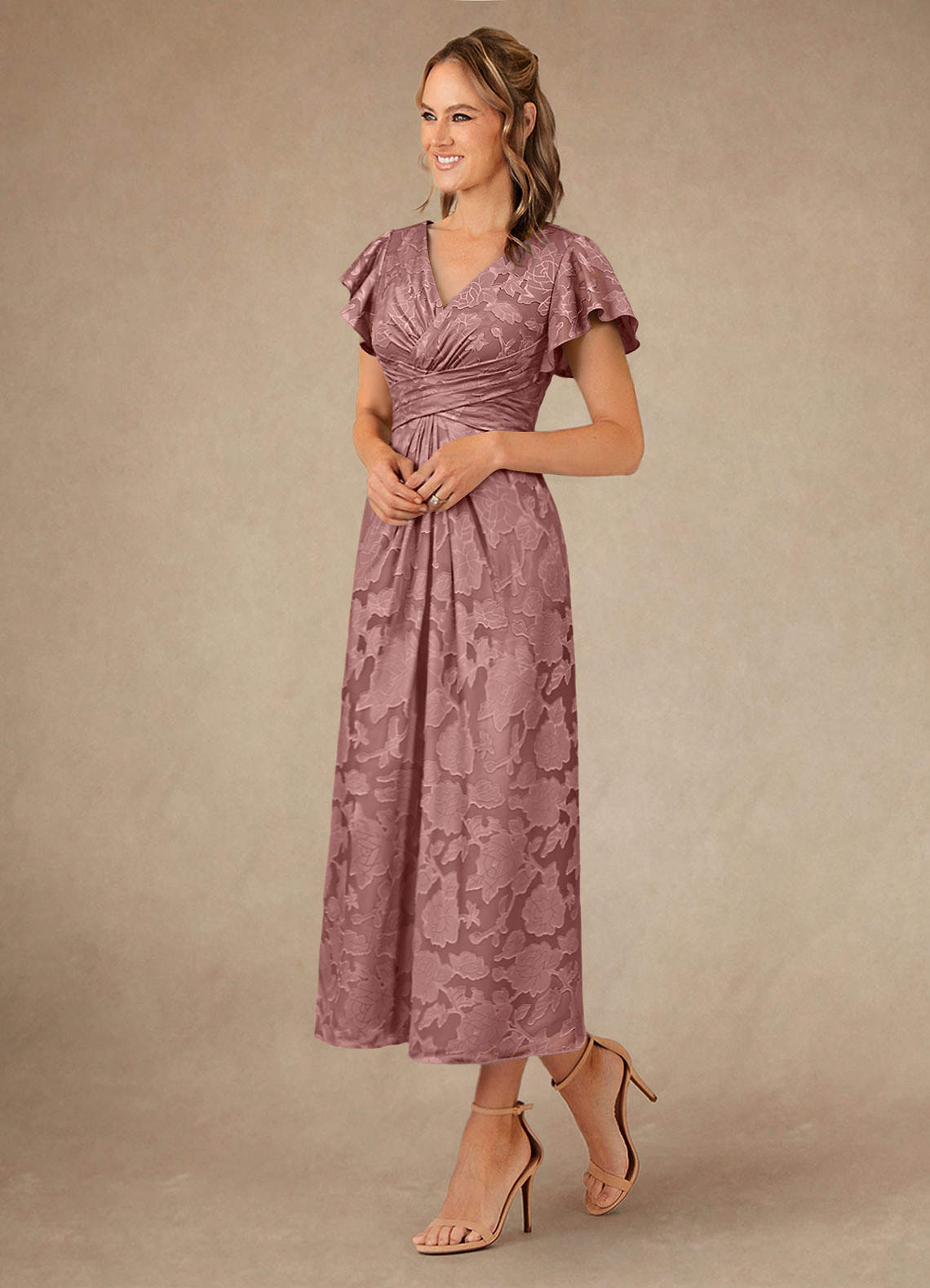 Azazie Vera Mother of the Bride Dresses Dusty Rose A-Line Pleated Floral Burnout Dress image1