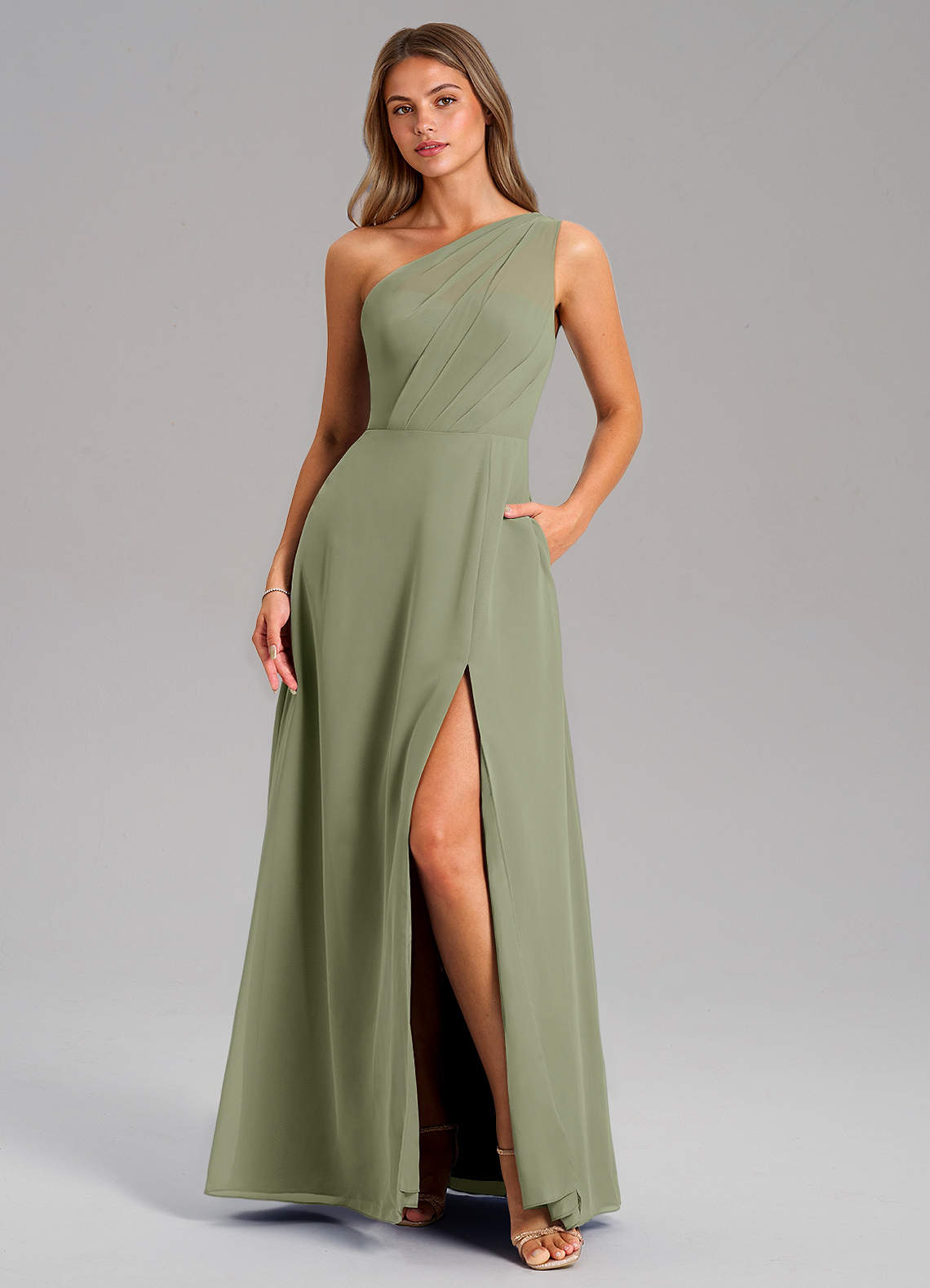 Azazie Phaedra Bridesmaid Dresses Pistachio A-Line One Shoulder Chiffon Dress image1