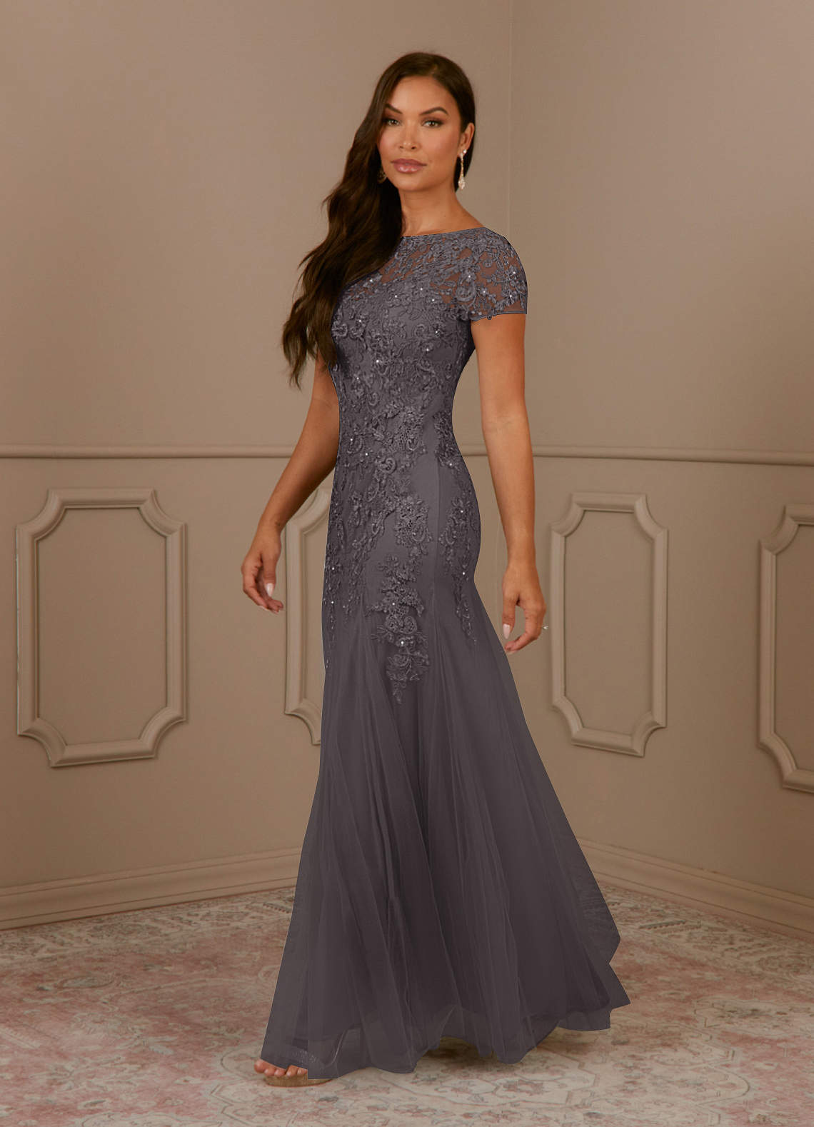 Azazie Laurie Mother of the Bride Dresses Mermaid Scoop Sequins Tulle Floor-Length Dress image1