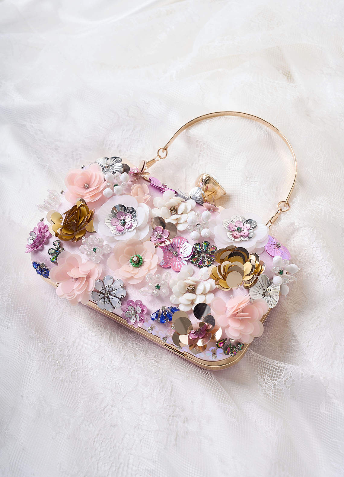 front Sequin Flower Embellished Clutch
