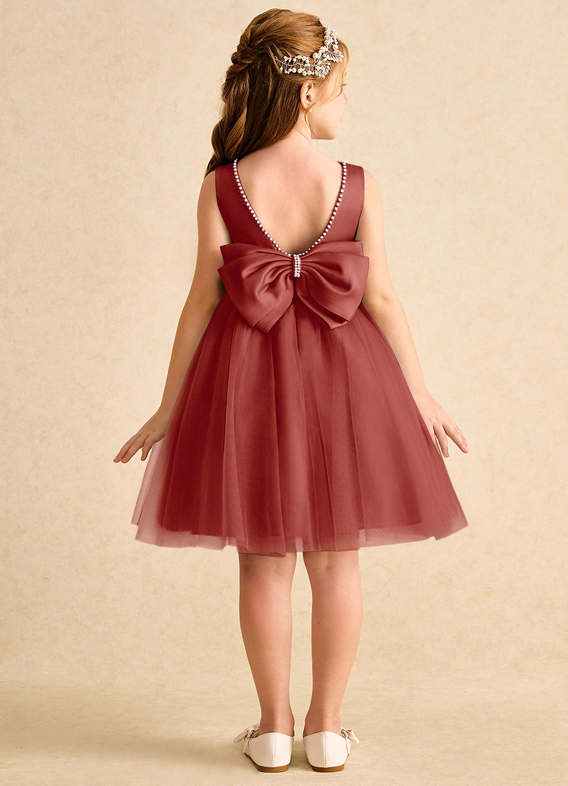 Azazie Jani Flower Girl Dresses Terracotta A-Line Bow Tulle Dress image1