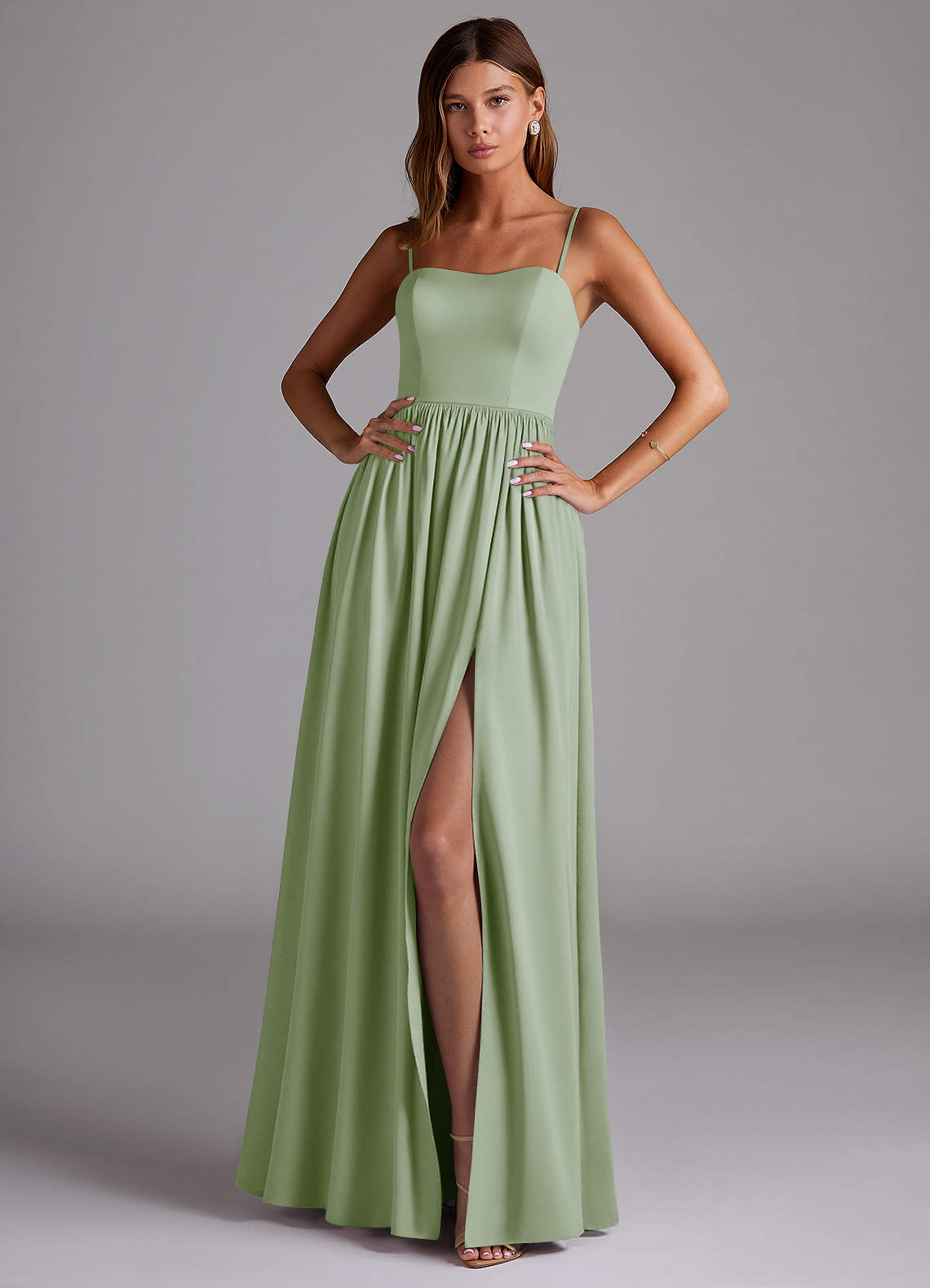 Azazie Calianna Bridesmaid Dresses Dusty Sage A-Line Off the Shoulder Stretch Satin Convertible Dress image1