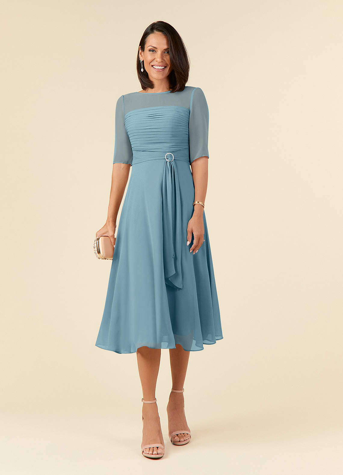 Azazie Naomi Abiti per la Madre della Sposa Abito A-Line in Chiffon Plissettato con Scollo a Barca Blu Lunatico image1