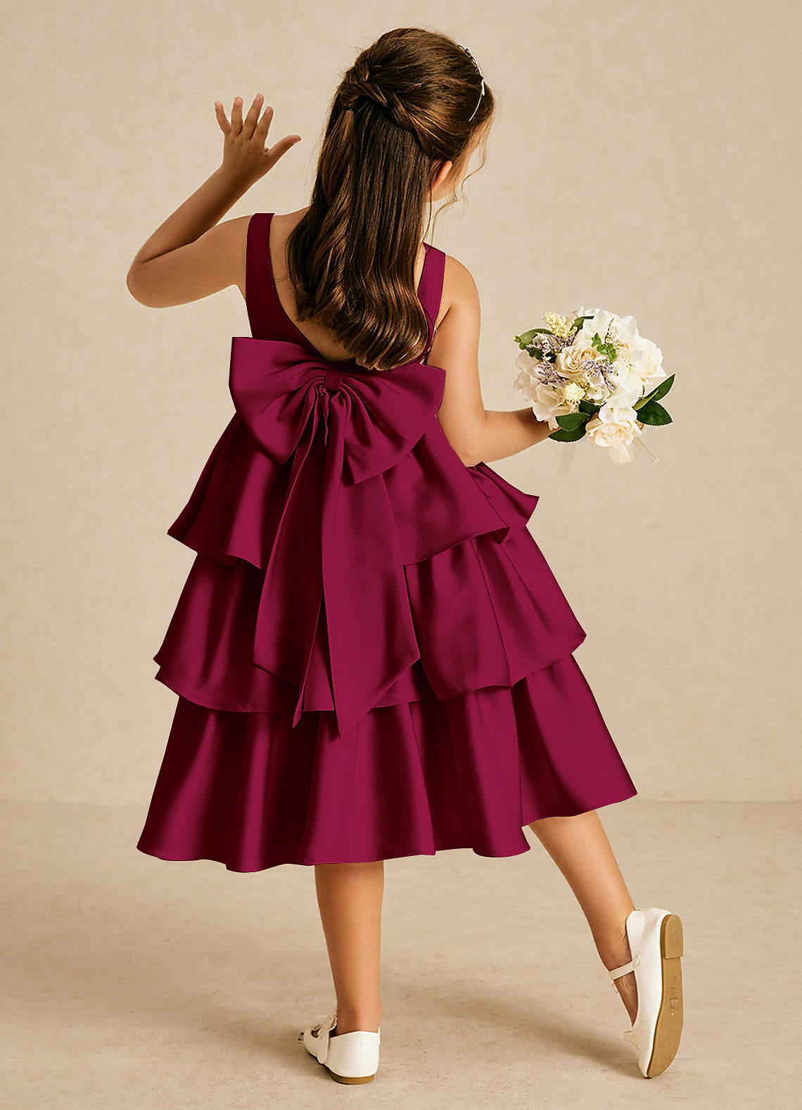 Azazie Margery Flower Girl Dresses Burgundy A-Line Bow Stretch Satin Dress image1
