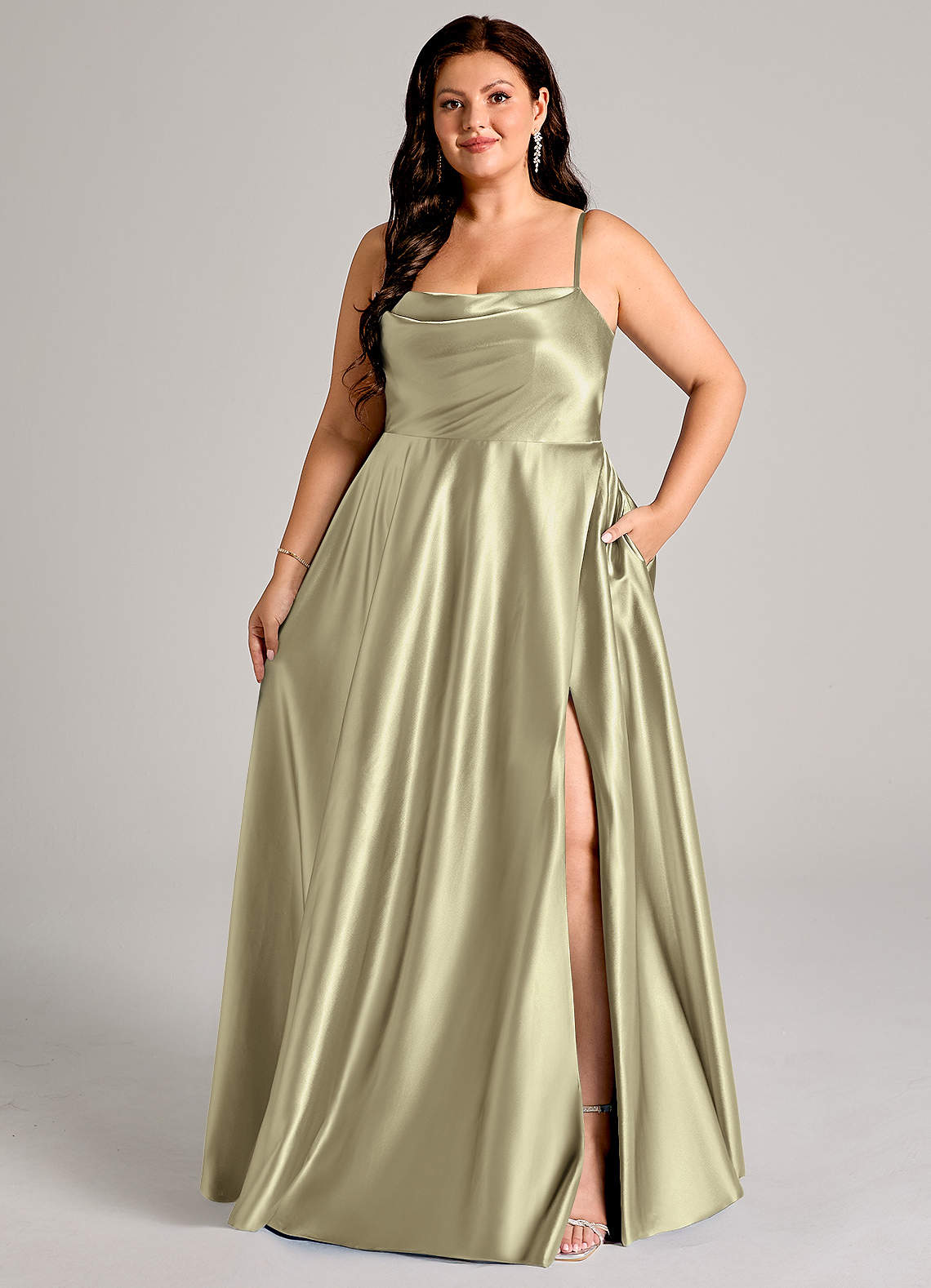 Azazie Elle Bridesmaid Dresses Moss Green A-Line with Pockets Metallic Satin Dress image1