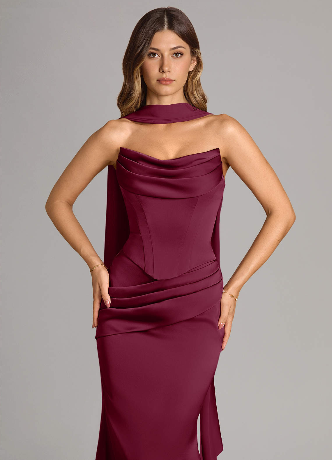 Azazie Sorrel Vestidos de damas de honor Vestido de Mora de Satén Elástico de Corte Sirena Convertible con Sin tirantes image4