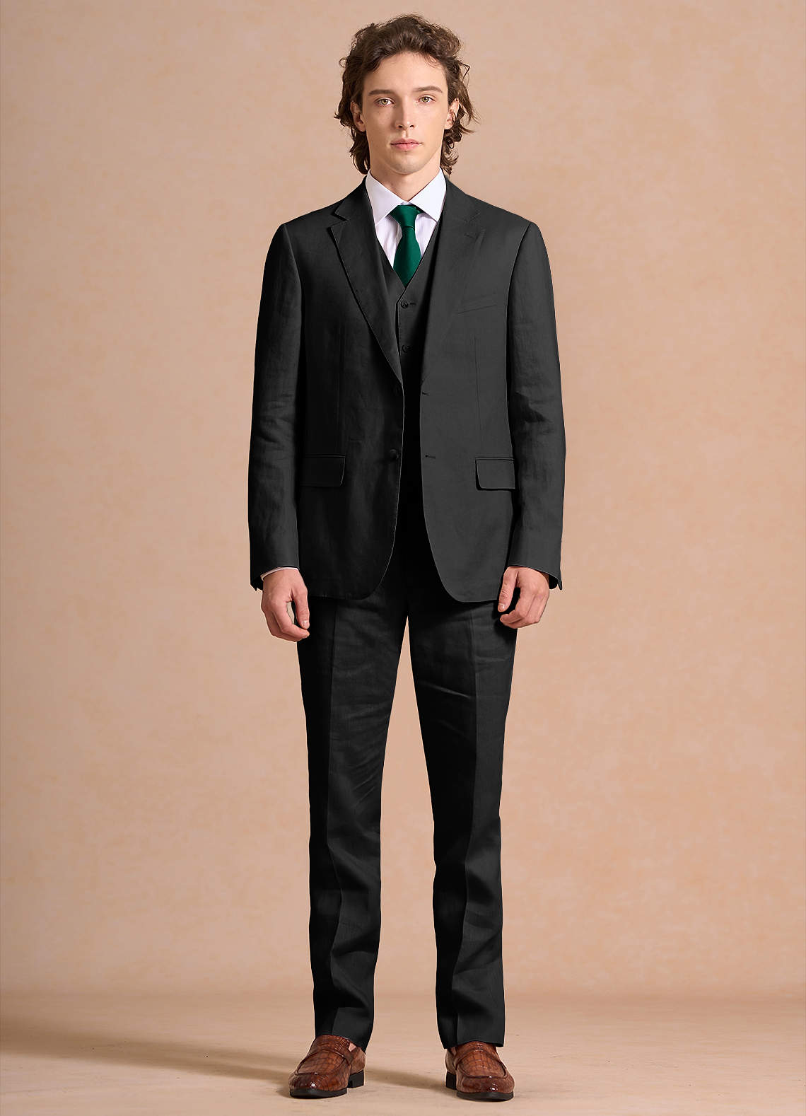 front Harrison Black 100% Linen 3-Piece Suit