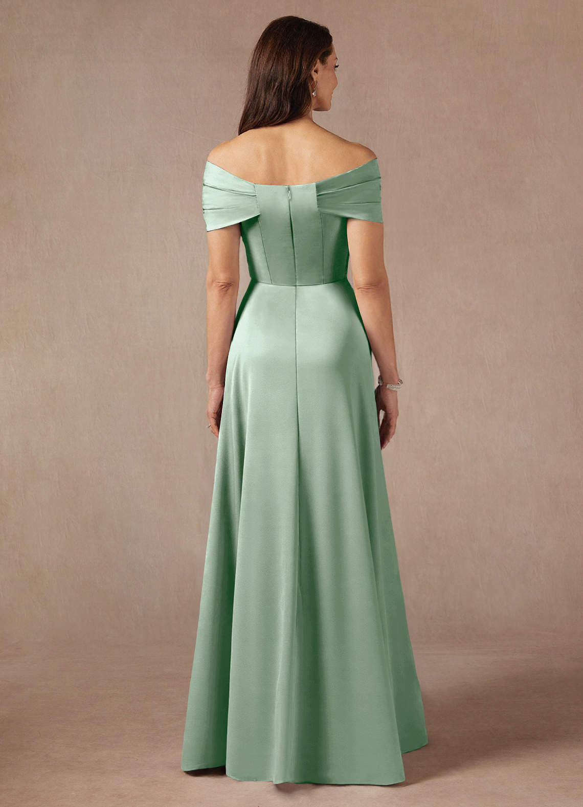 Azazie Amelia Mother of the Bride Dresses Agave A-Line Off the Shoulder Stretch Satin Dress image5