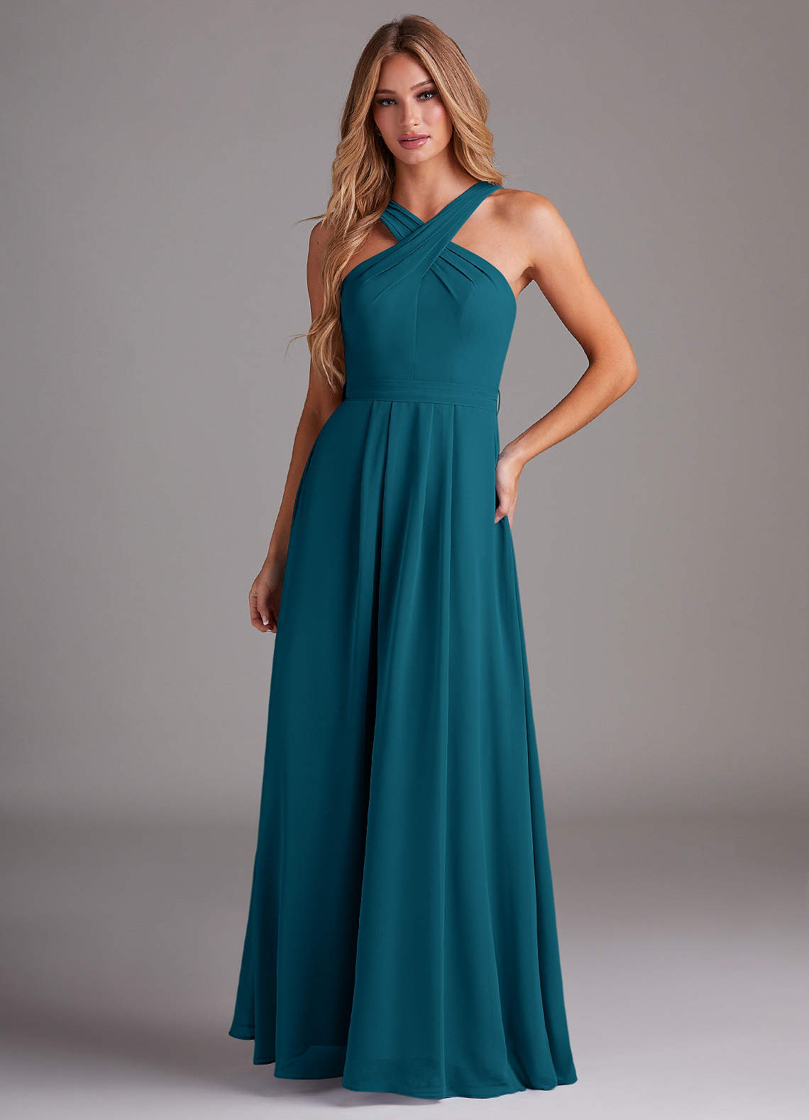 Azazie Dixie Bridesmaid Dresses Ink Blue A-Line Halter Pleated Chiffon Dress image1