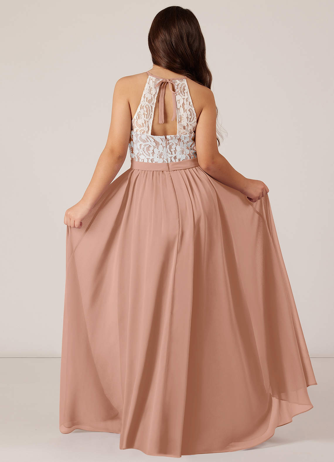 Azazie Fahari Junior Champagne Rose A-Line Lace Chiffon Dress image1